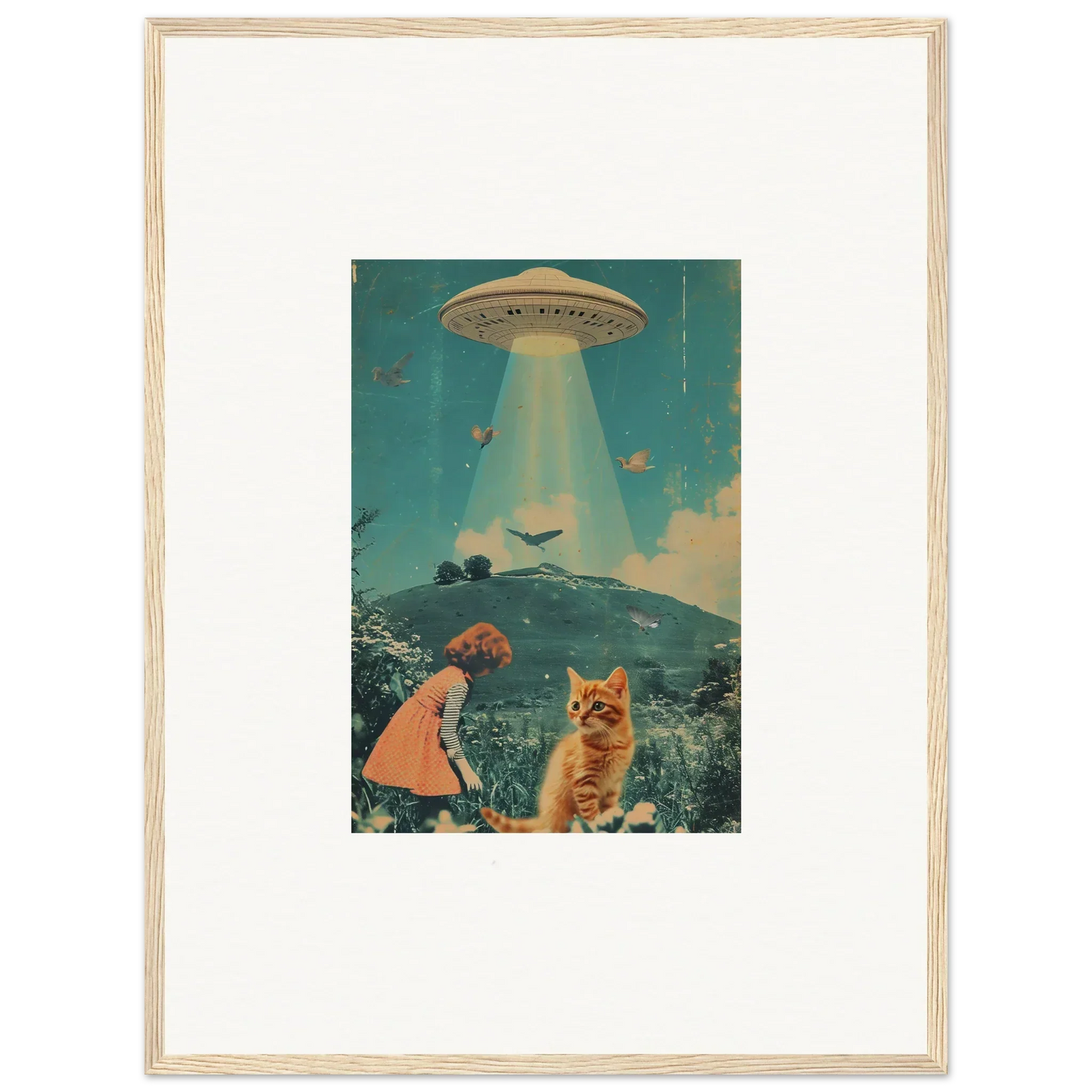 Framed canvas print of a UFO over Thought Meadows with a child and cat for unique room decoration