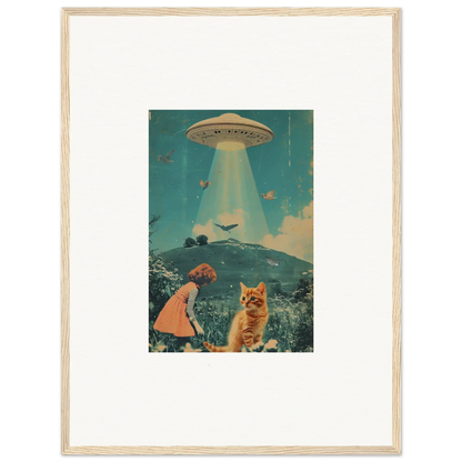 Framed canvas print of a UFO over Thought Meadows with a child and cat for unique room decoration