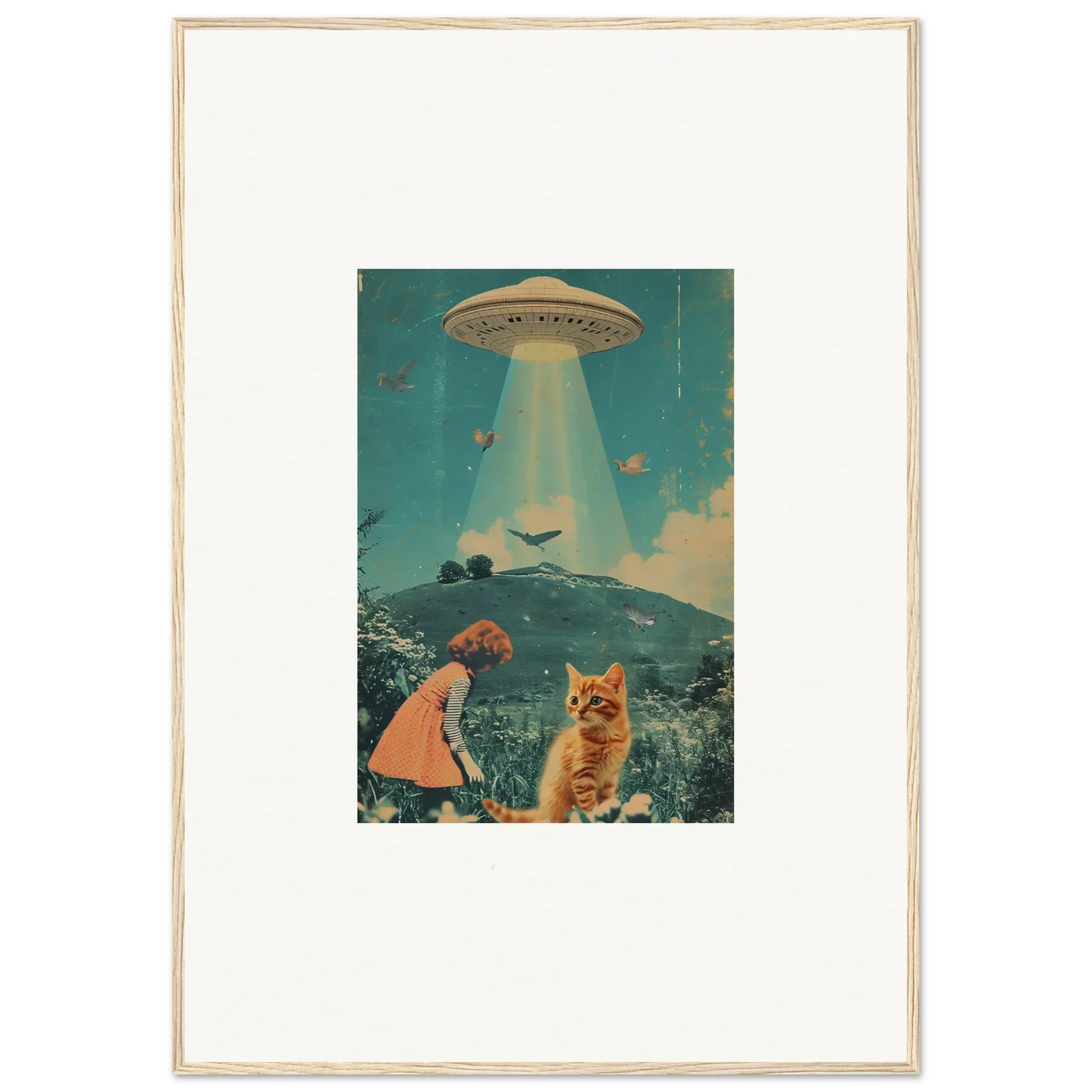 Framed vintage-style canvas print of a UFO in Thought Meadows with a child and cat