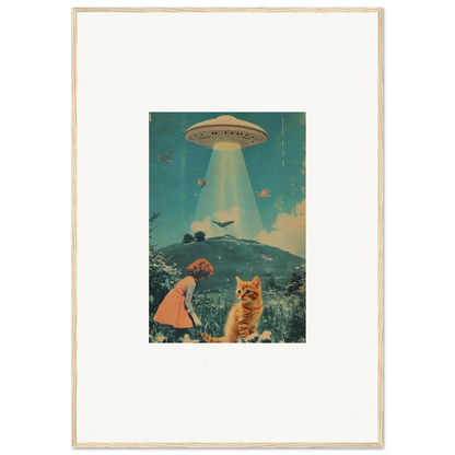 Framed vintage-style canvas print of a UFO in Thought Meadows with a child and cat