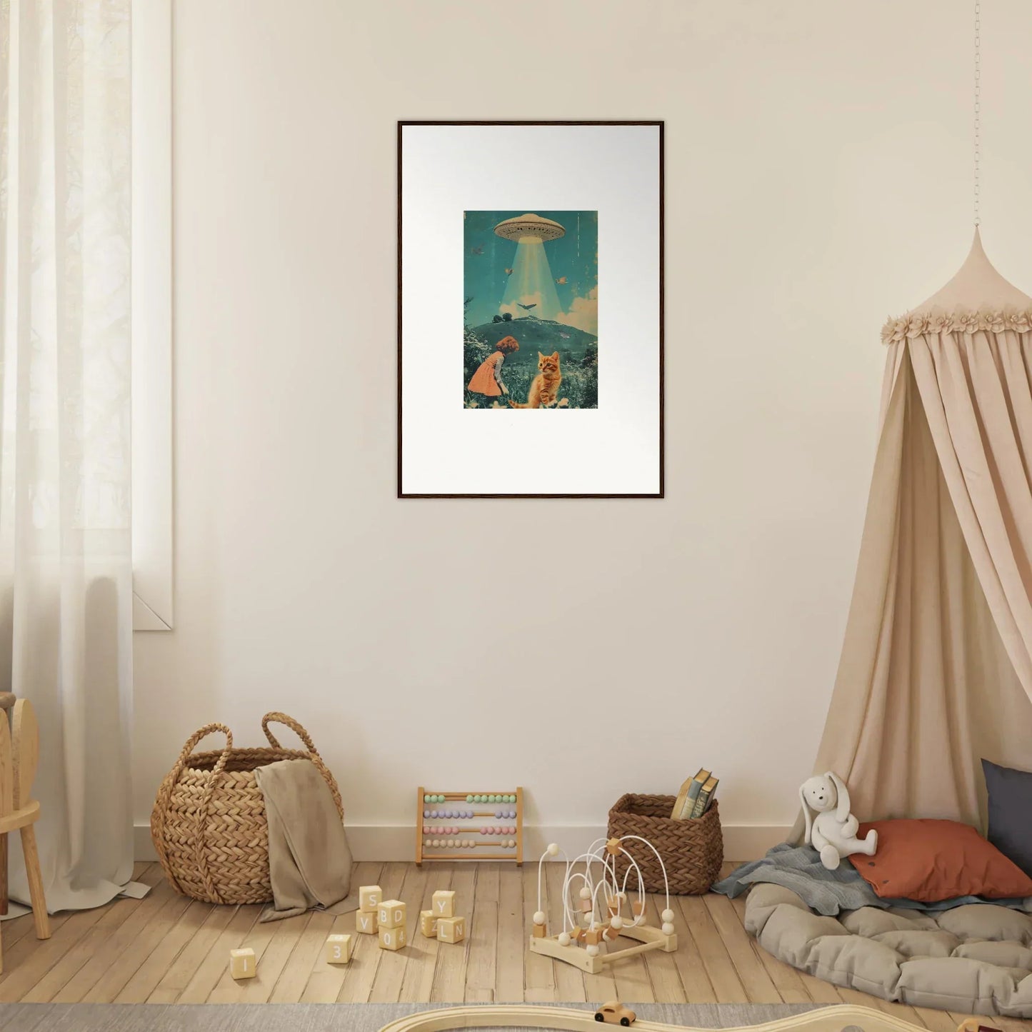 Framed canvas print of a UFO over a beach, perfect for Thought Meadows room decoration