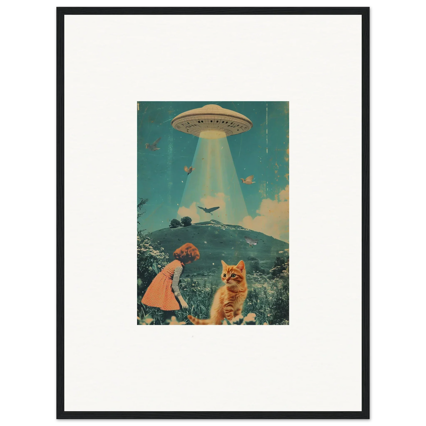 Framed retro-style canvas print of a UFO abduction with a cat for fun room decoration