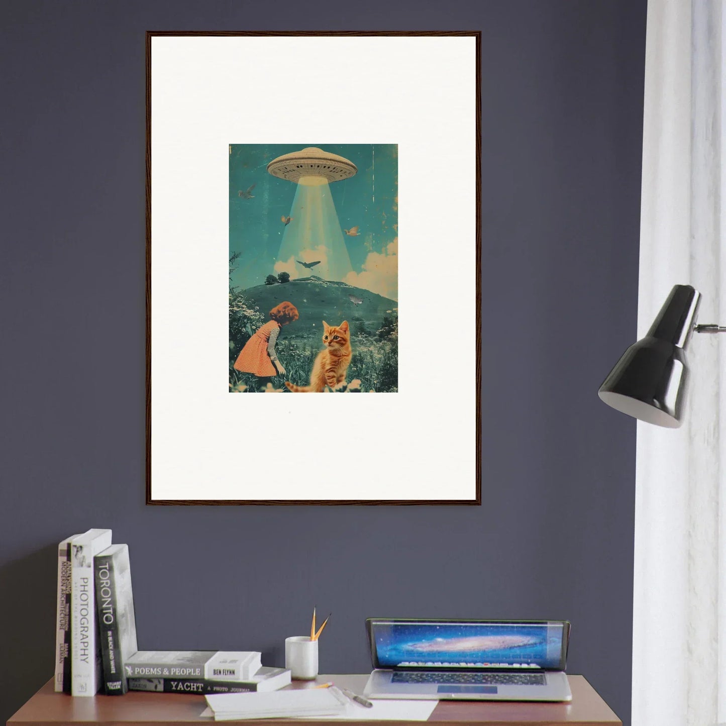 Framed canvas print of cats watching a UFO in Thought Meadows room decoration