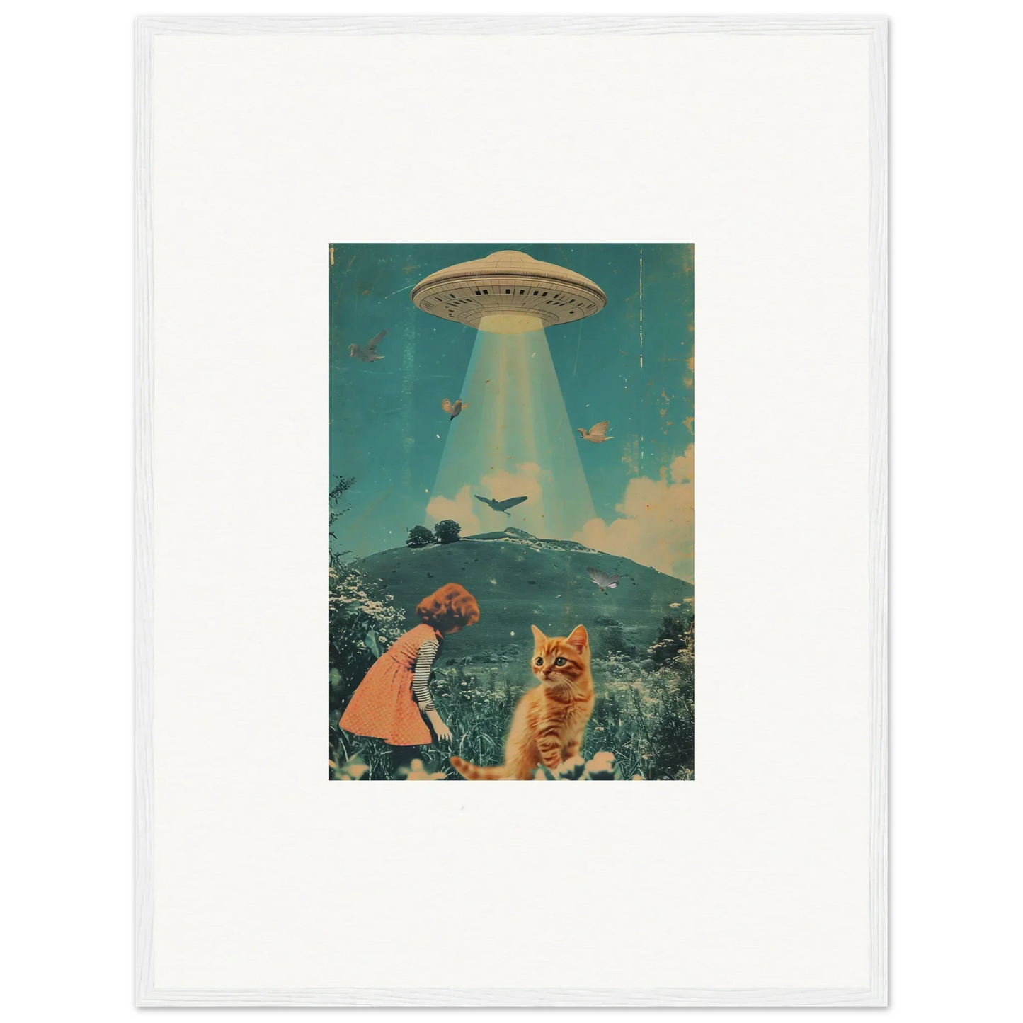 Surreal collage of a UFO, child, and cat in Thought Meadows canvas print for unique room decoration