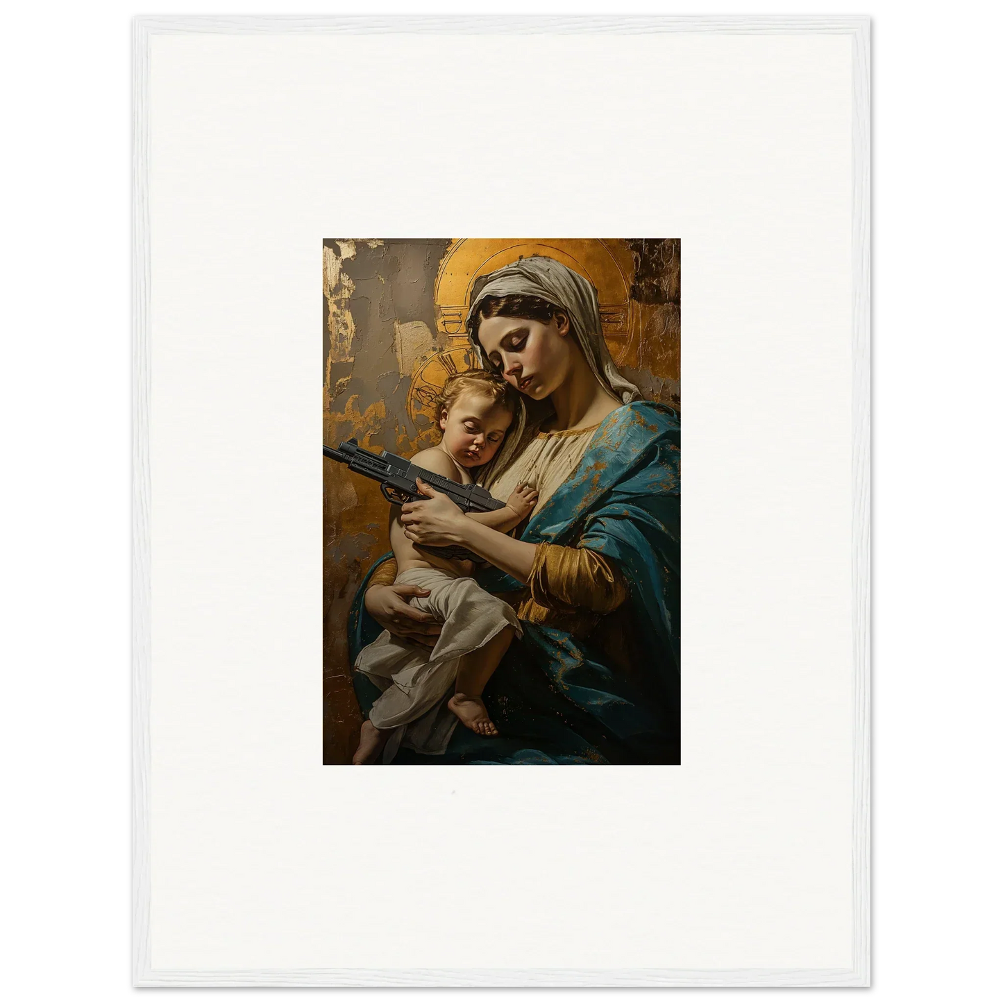 Painting of a woman in blue robes with a baby for serene room decor and framed wall art