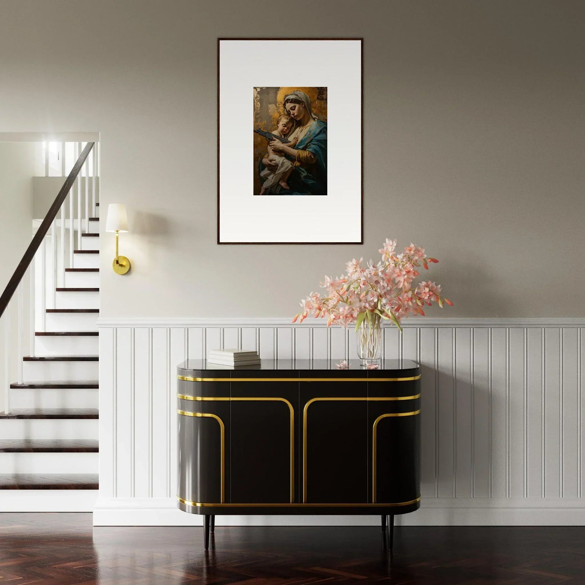 Framed wall art of a bearded figure with a child, adding serenity spirit to room decor