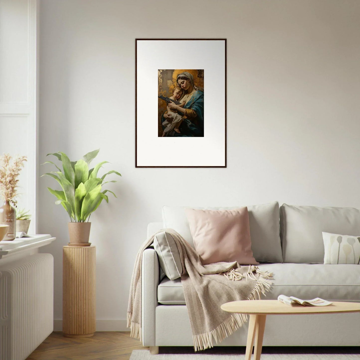 Framed religious painting of a figure with a child, perfect for serenity spirit room decor