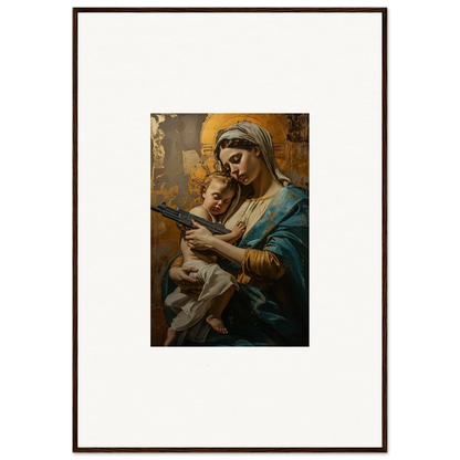 Framed wall art of a woman holding a baby in a classical religious style, serenity spirit