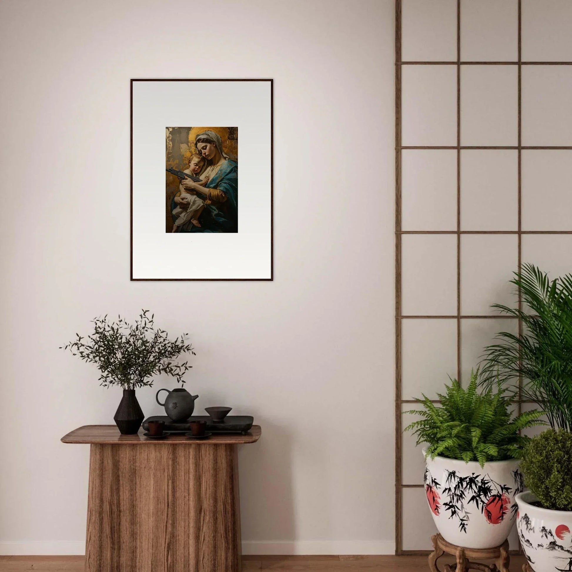 Framed wall art of a figure holding a small animal, enhancing Serenity Spirit room decor