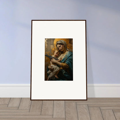 Framed wall art of Serenity Spirit with a woman in blue holding a baby, ideal room decor