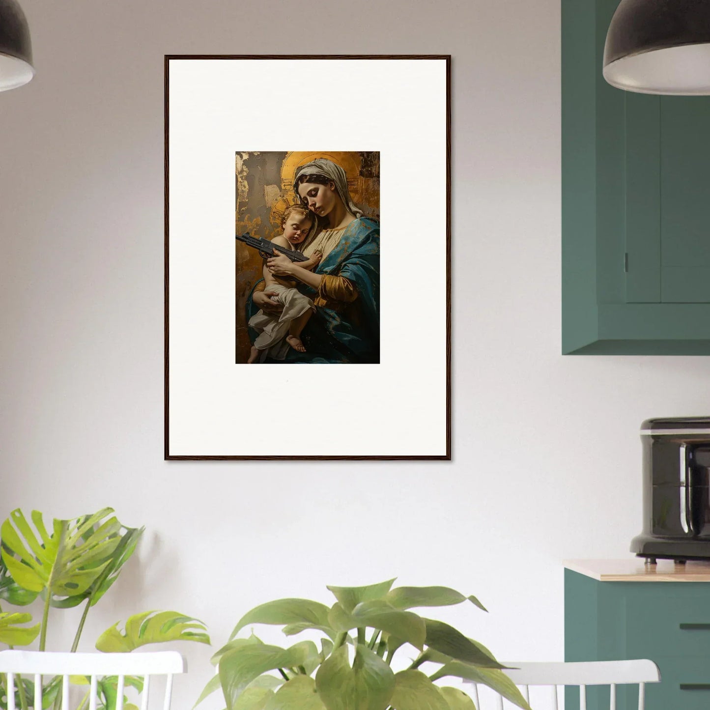 Framed wall art of a woman holding a baby for serene room decor