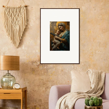 Framed wall art of a serene woman with child, enhancing room decor and spirit