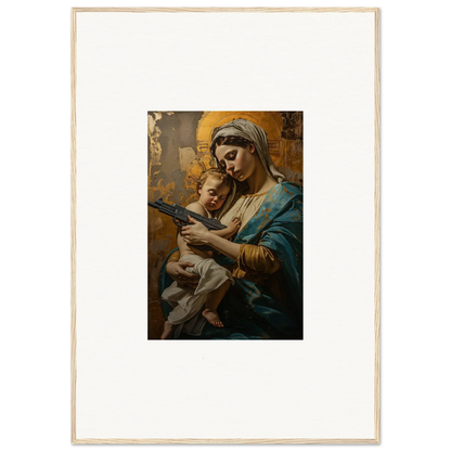 Painting of a woman in blue robes with a baby for serene room decor and framed wall art