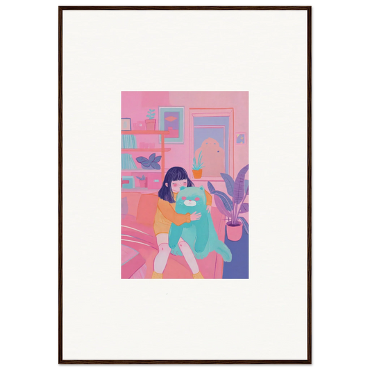 Framed canvas print of a person hugging a teal dog in a pastel pink room decoration