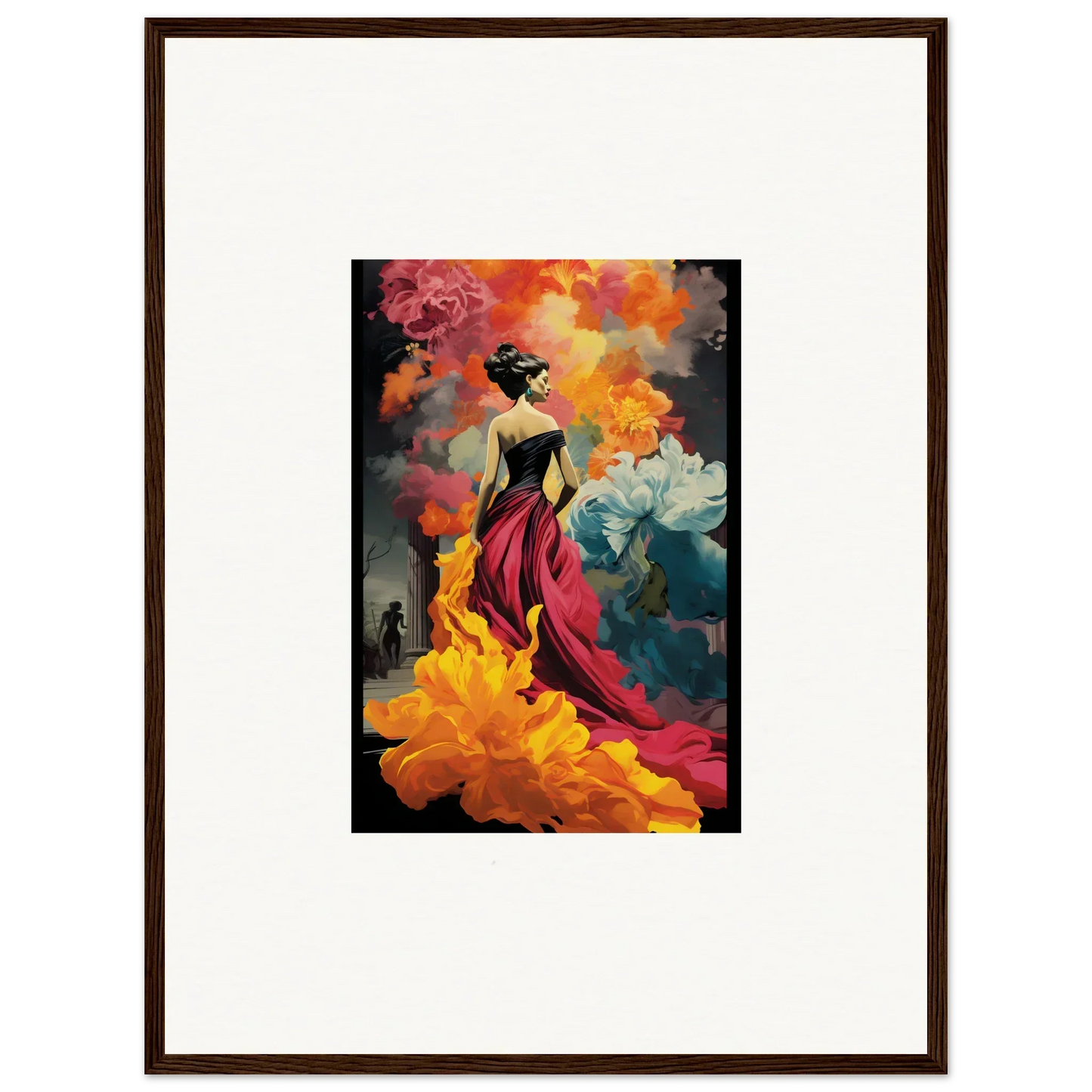 Silhouetted figure in red dress with floral accents in Flamelight Fluidity Fantasia art