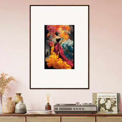 Framed wall art of Flamelight Fluidity Fantasia with a figure in a red dress