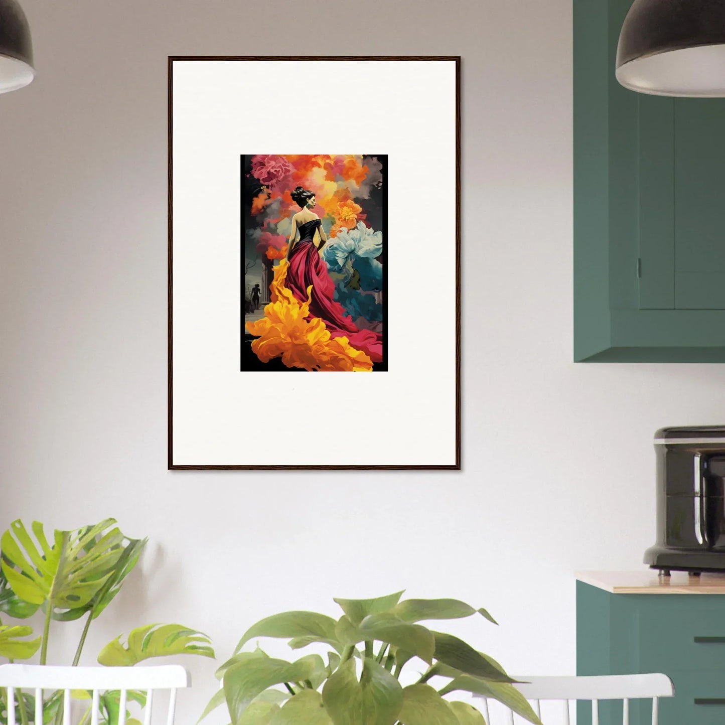 Framed wall art of Flamelight Fluidity Fantasia with a silhouetted figure and vibrant swirls