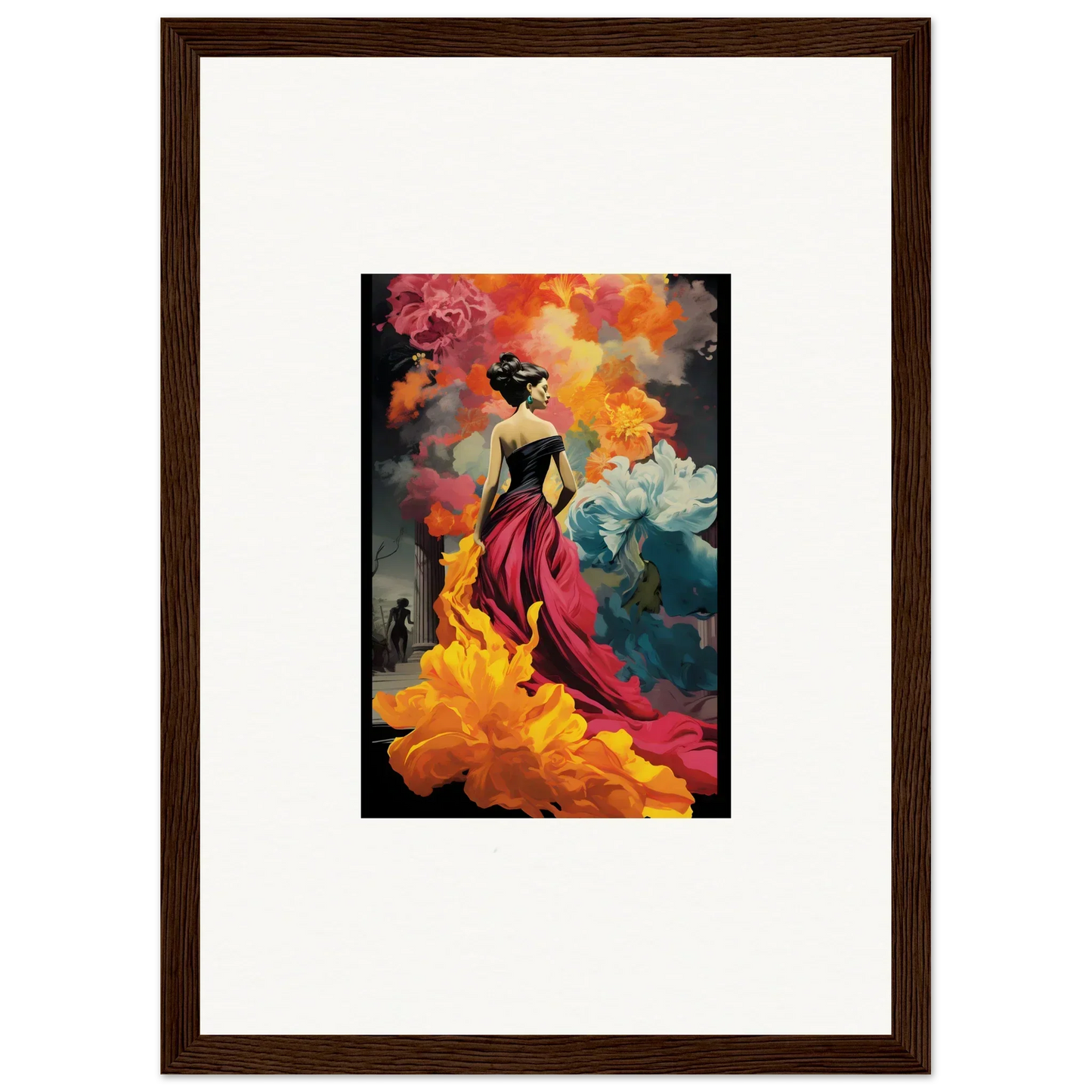 Framed wall art of Flamelight Fluidity Fantasia with a figure in a red dress and flowers