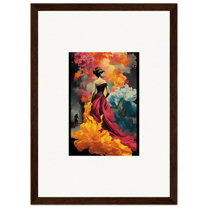 Framed wall art of Flamelight Fluidity Fantasia with a figure in a red dress and flowers