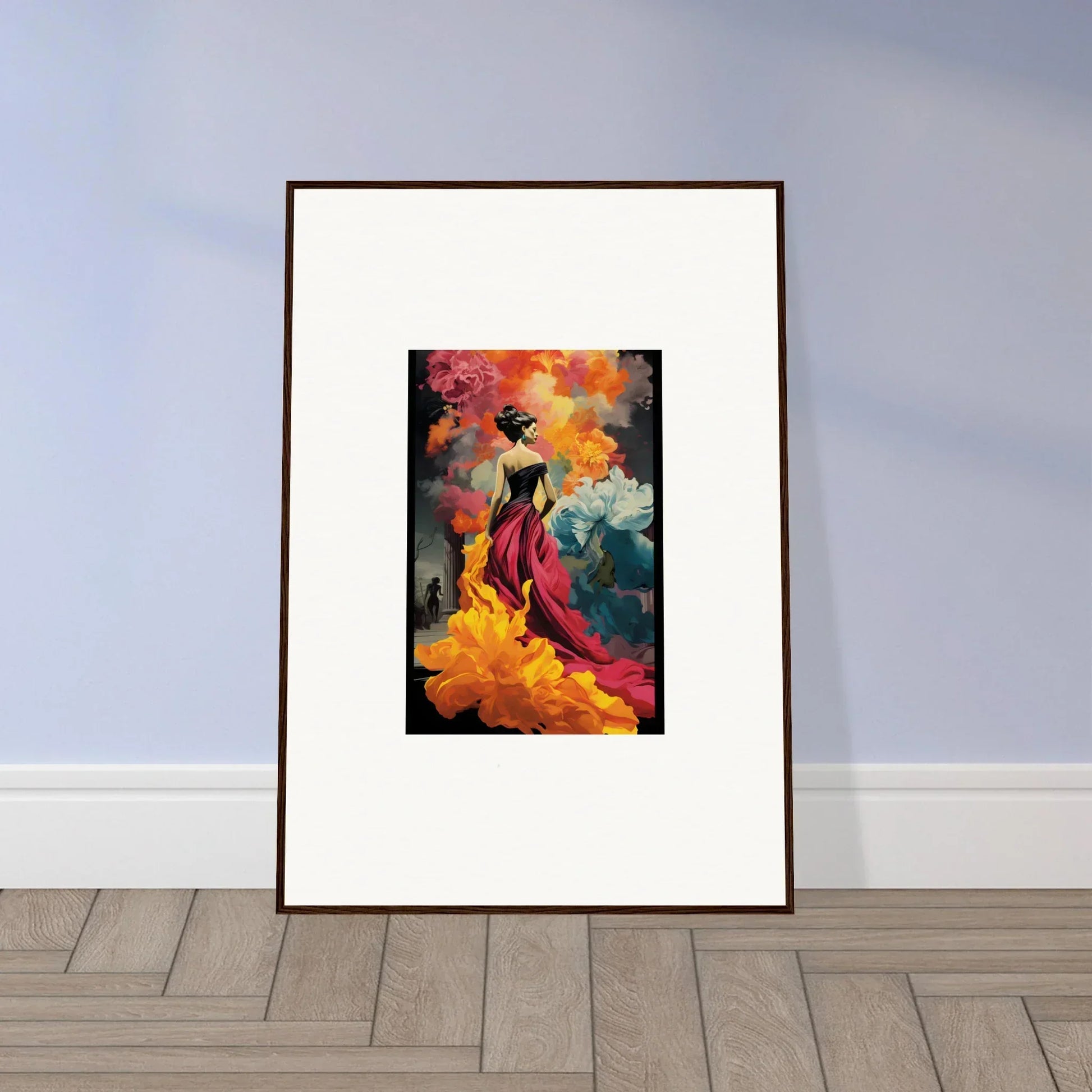 Framed wall art of Flamelight Fluidity Fantasia with a silhouette in red dress and smoke