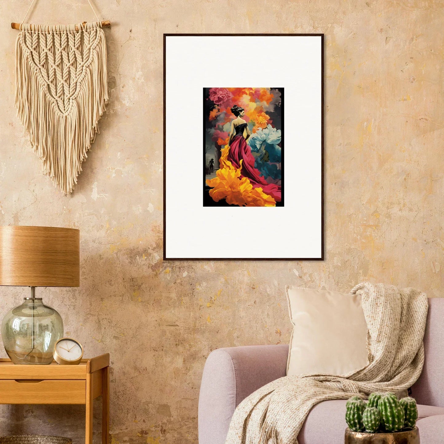 Framed wall art of Flamelight Fluidity Fantasia in vibrant orange, red, and turquoise