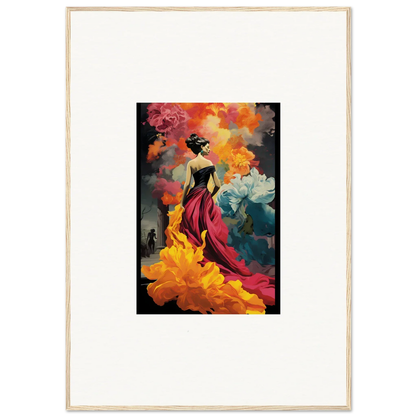 A stunning figure in a flowing red dress with vibrant smoke for Flamelight Fluidity Fantasia