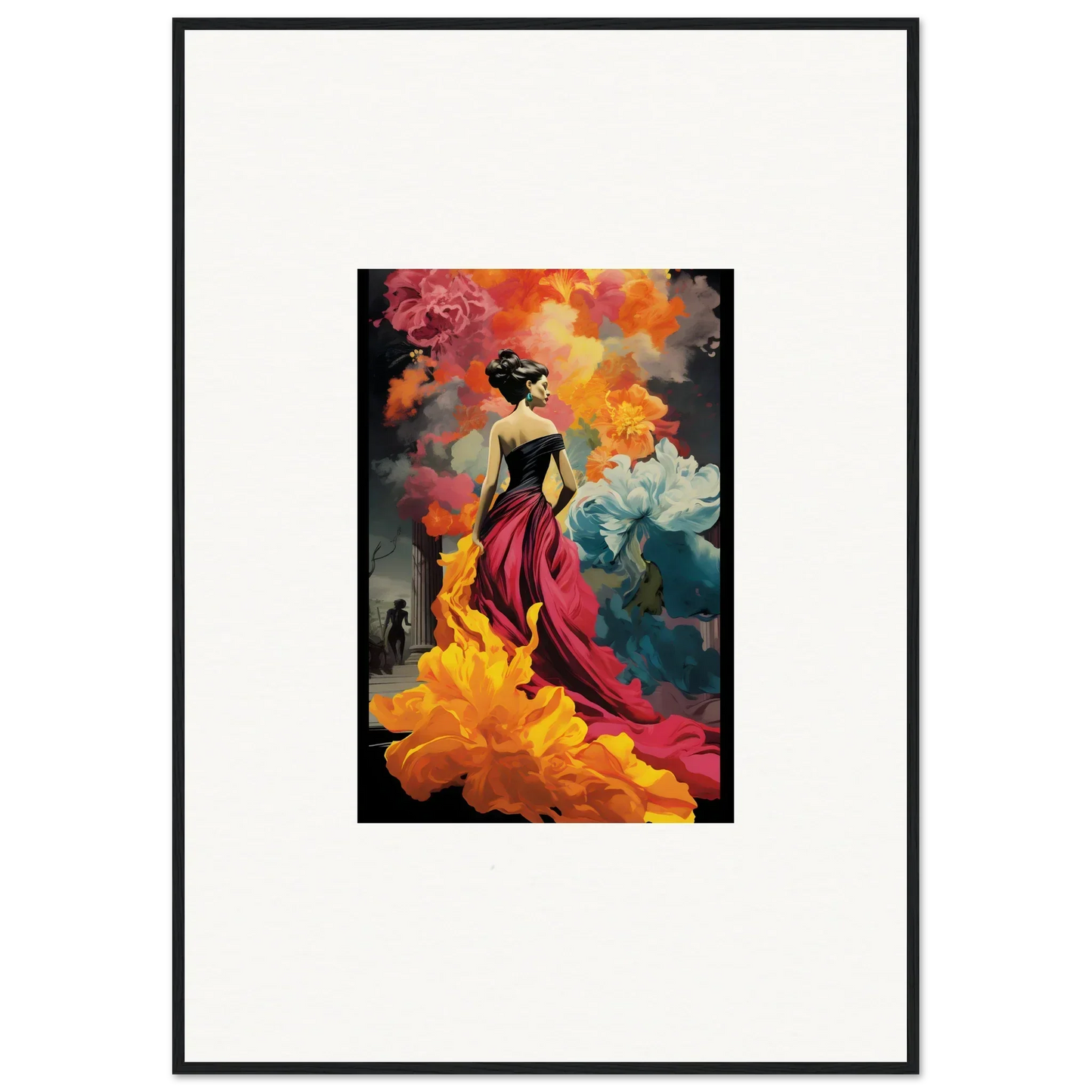 A lady in a flowing red dress with vibrant orange and blue flowers in Flamelight Fluidity Fantasia