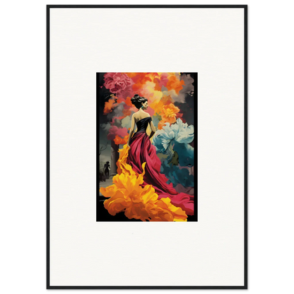 A lady in a flowing red dress with vibrant orange and blue flowers in Flamelight Fluidity Fantasia