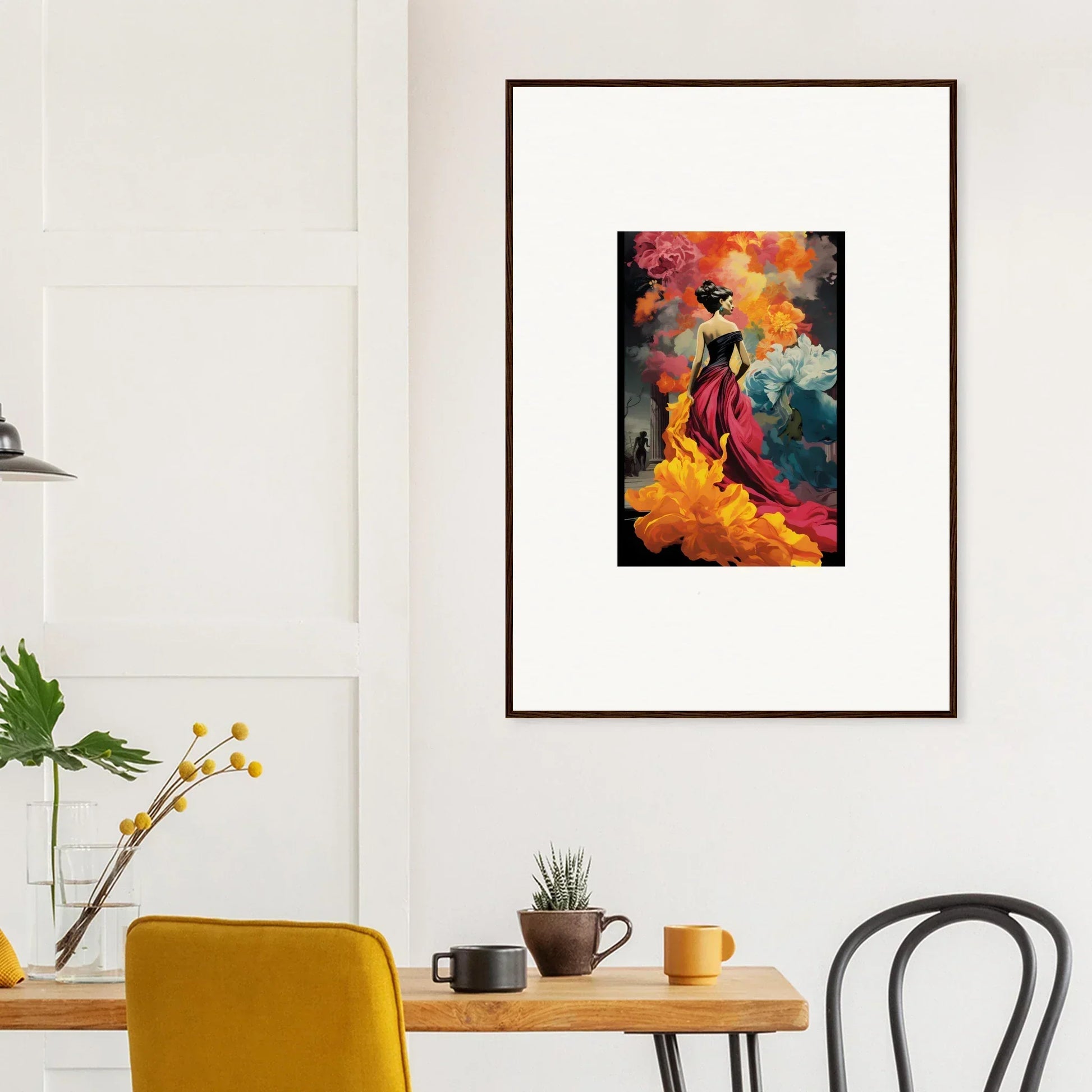 Framed wall art of Flamelight Fluidity Fantasia with a figure in a red dress