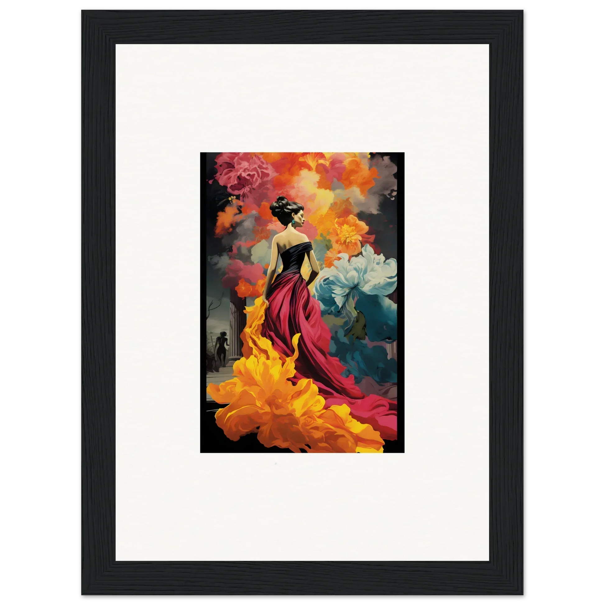 Silhouetted figure in red dress with flowers, showcasing Flamelight Fluidity Fantasia art