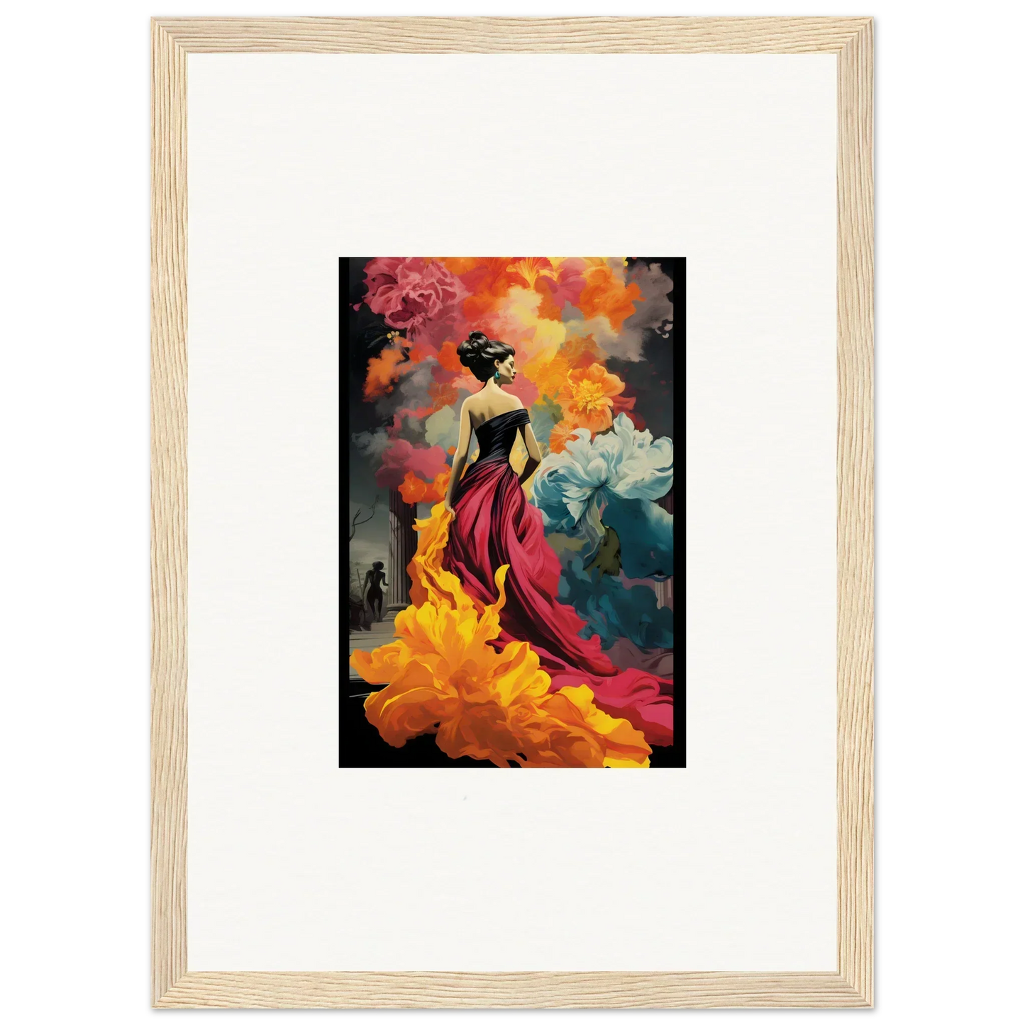 Framed wall art of Flamelight Fluidity Fantasia with a figure in a red dress