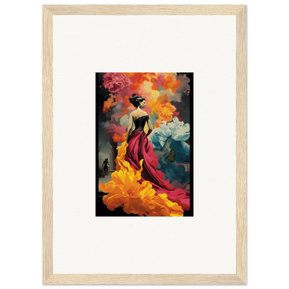 Framed wall art of Flamelight Fluidity Fantasia with a figure in a red dress