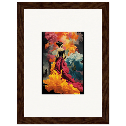 Framed wall art of Flamelight Fluidity Fantasia featuring a figure in red dress among flowers