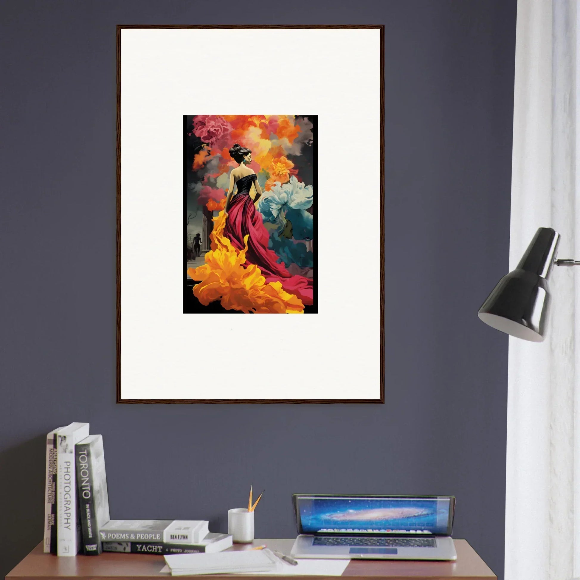 Framed wall art of a figure in a red dress, Flamelight Fluidity Fantasia design