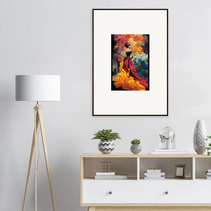 Framed wall art of Flamelight Fluidity Fantasia with vibrant orange and red shapes