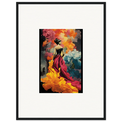 Silhouetted figure in red dress with flowers, Flamelight Fluidity Fantasia framed art