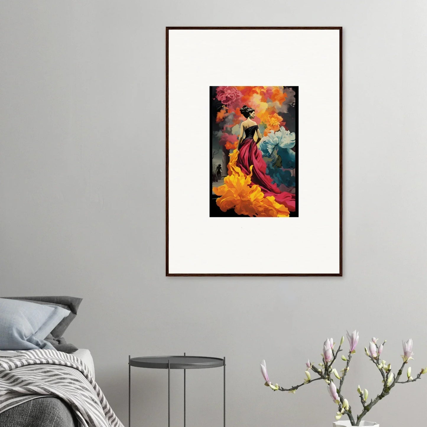 Framed wall art showcasing Flamelight Fluidity Fantasia with a figure in a red dress