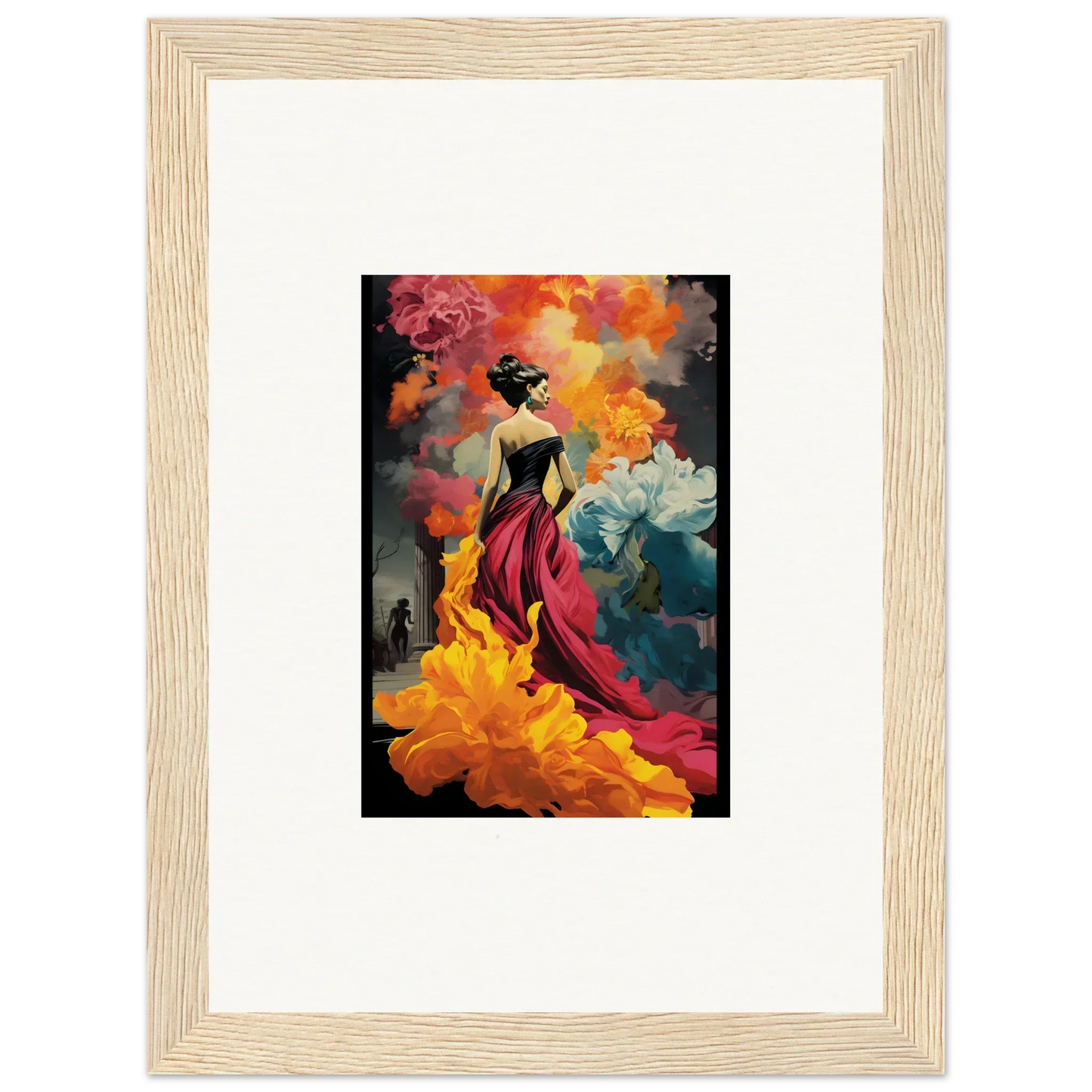 Framed wall art of Flamelight Fluidity Fantasia with a figure in a red dress and flowers