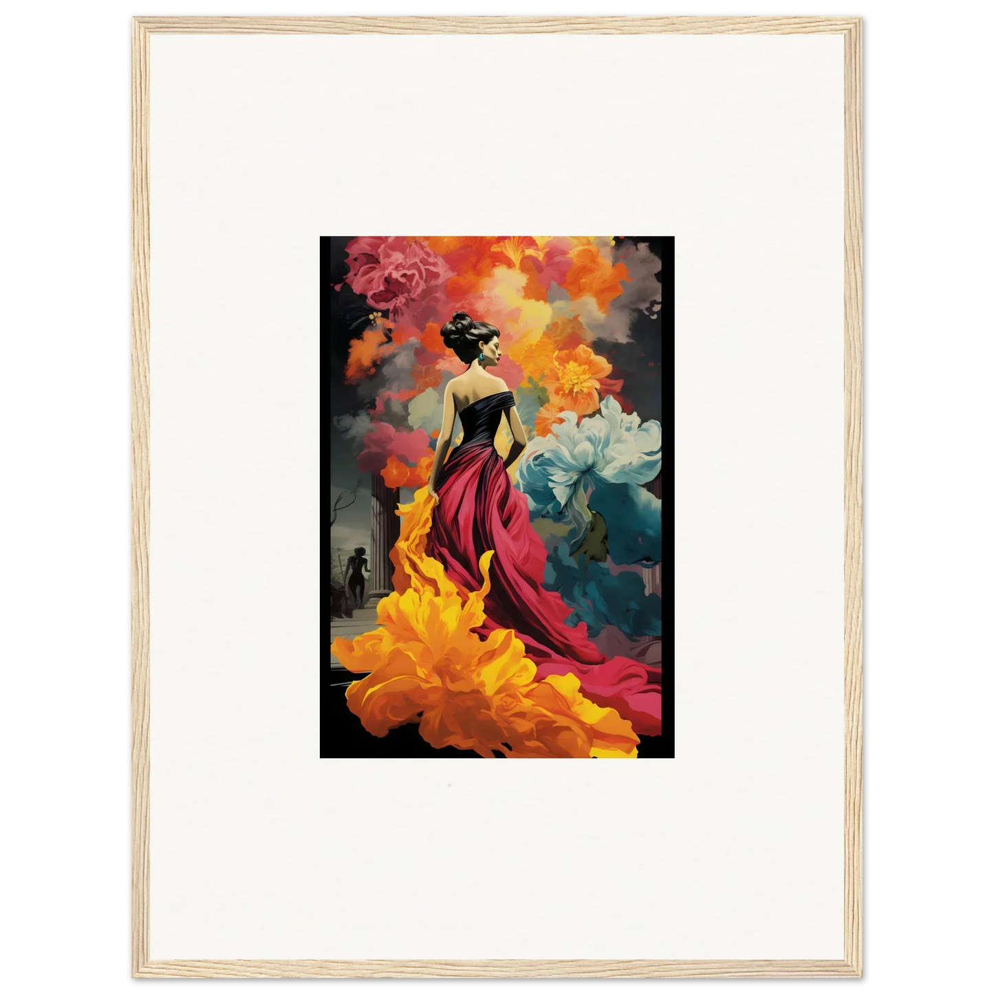 Figure in a red dress amid flowers in Flamelight Fluidity Fantasia framed wall art