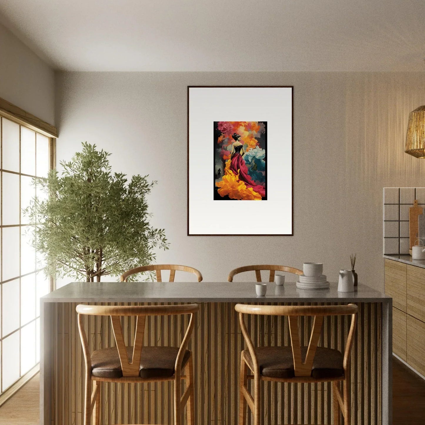 Modern dining area featuring Flamelight Fluidity Fantasia and framed wall art