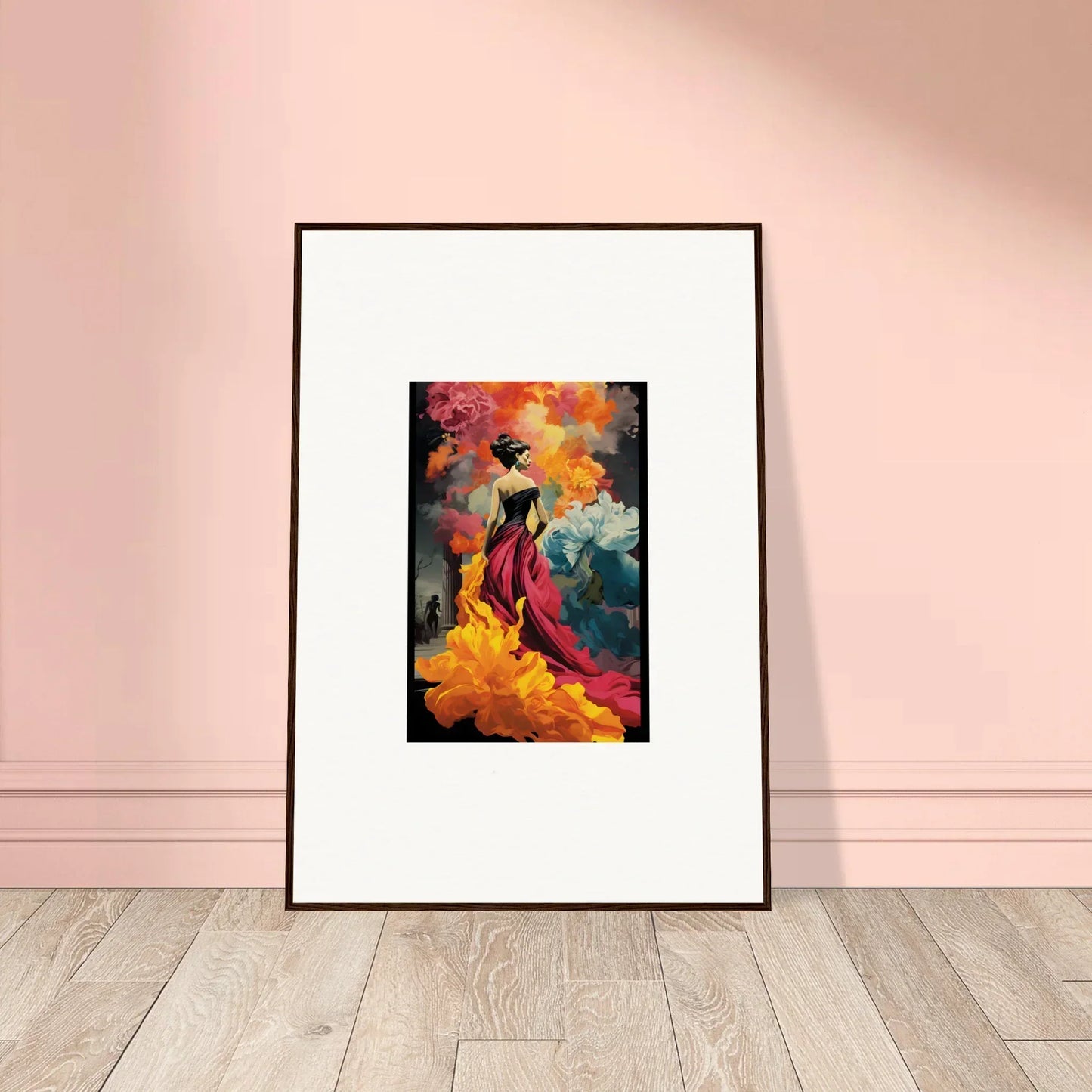 Framed wall art of Flamelight Fluidity Fantasia with a figure in a red dress