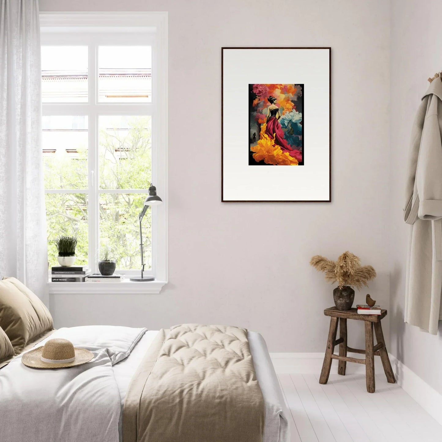 Vibrant Flamelight Fluidity Fantasia framed wall art on a pale wall