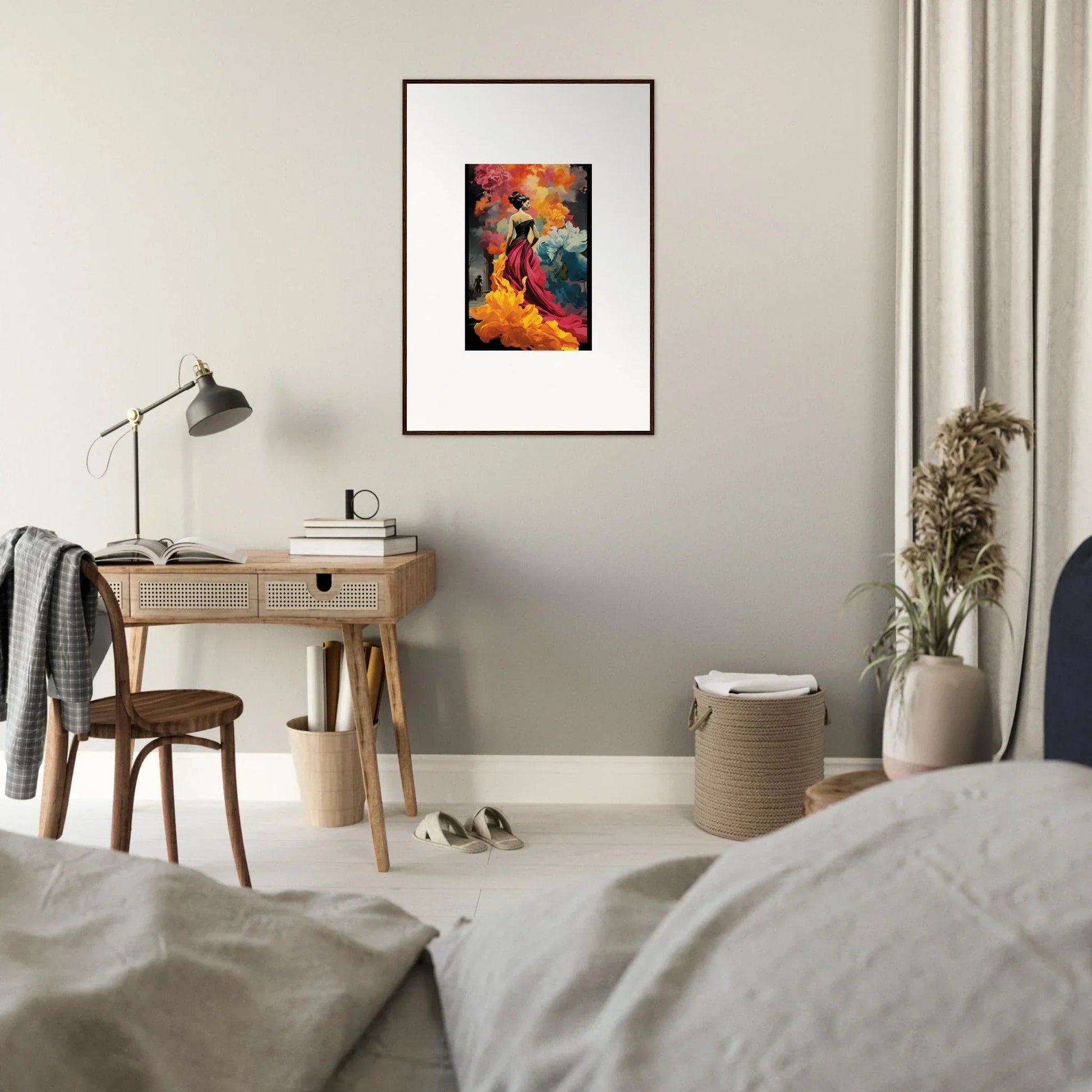 Framed wall art of Vibrant Orange, Blue, and Pink in Flamelight Fluidity Fantasia