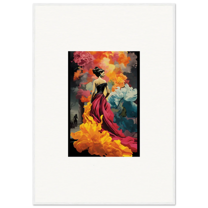 A figure in a flowing red dress among colorful smoke in Flamelight Fluidity Fantasia art