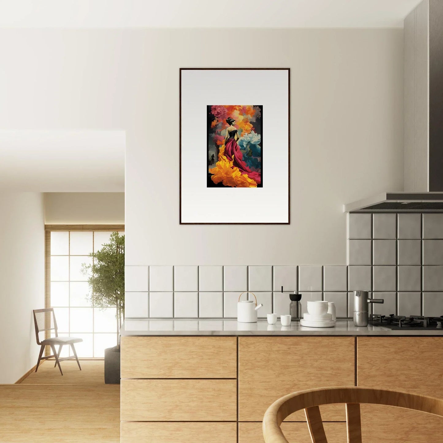 Framed wall art of Flamelight Fluidity Fantasia in vibrant colors on display