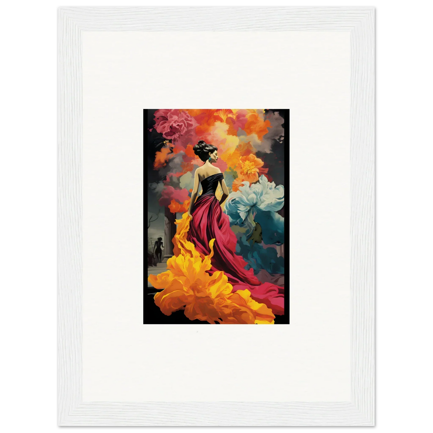 A stunning figure in a red dress amidst orange and blue flowers, Flamelight Fluidity Fantasia