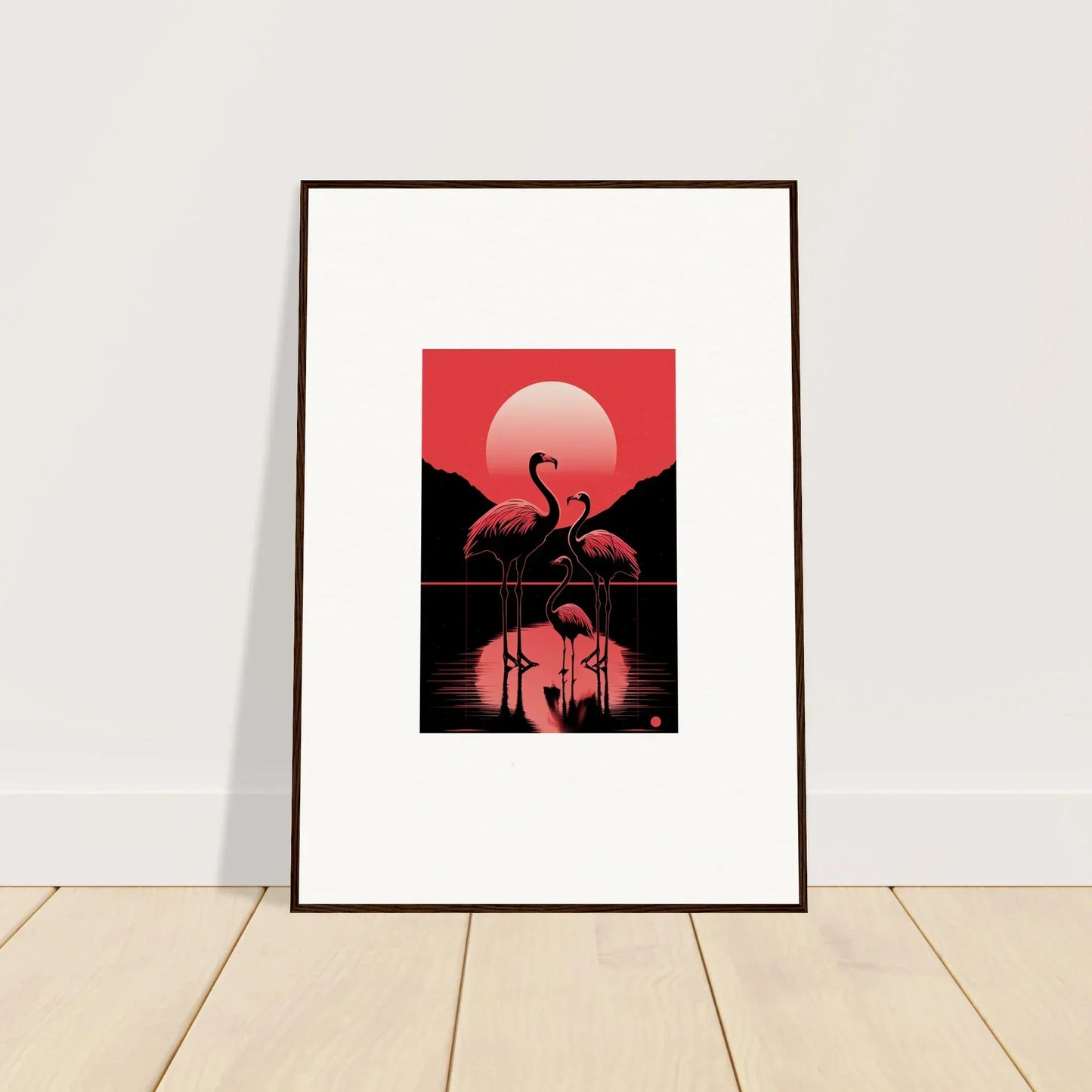 Framed canvas print of flamingo silhouettes in a red sunset, perfect room decoration