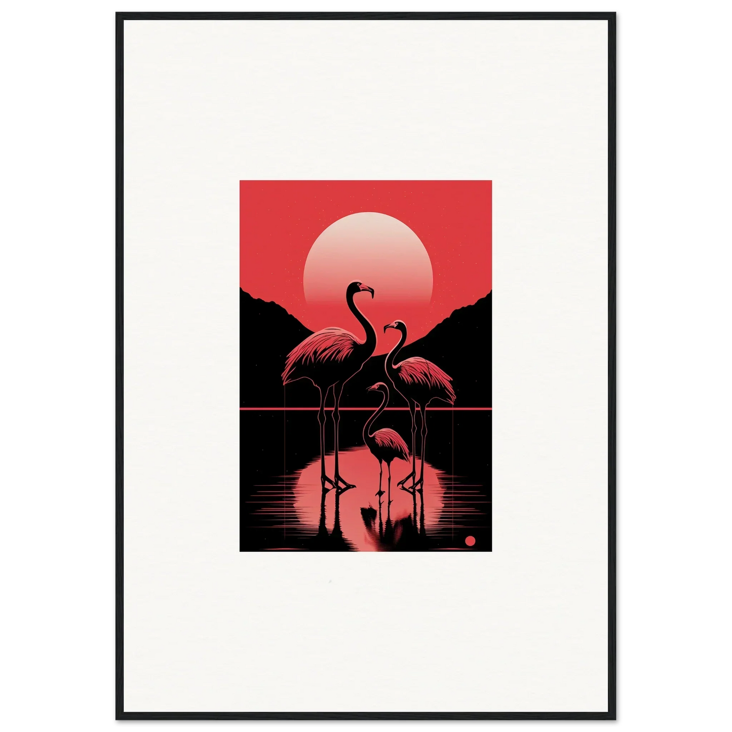 Framed canvas print of flamingos silhouetted against a vibrant red sunset for room decoration