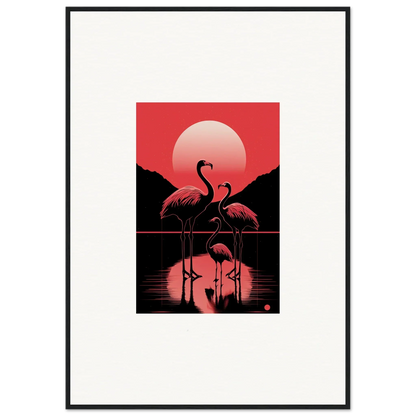 Framed canvas print of flamingos silhouetted against a vibrant red sunset for room decoration