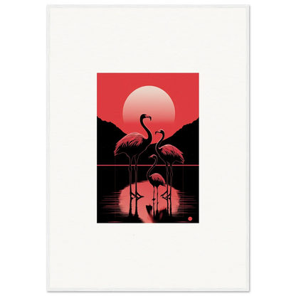 Flamingo silhouettes in water at sunset, perfect for a snare verstrokes canvas print